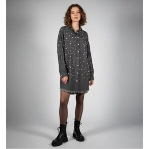 Jubilee Pearl Embellished Tunic Shirt Dress Gray Size M/L 36" Button Front